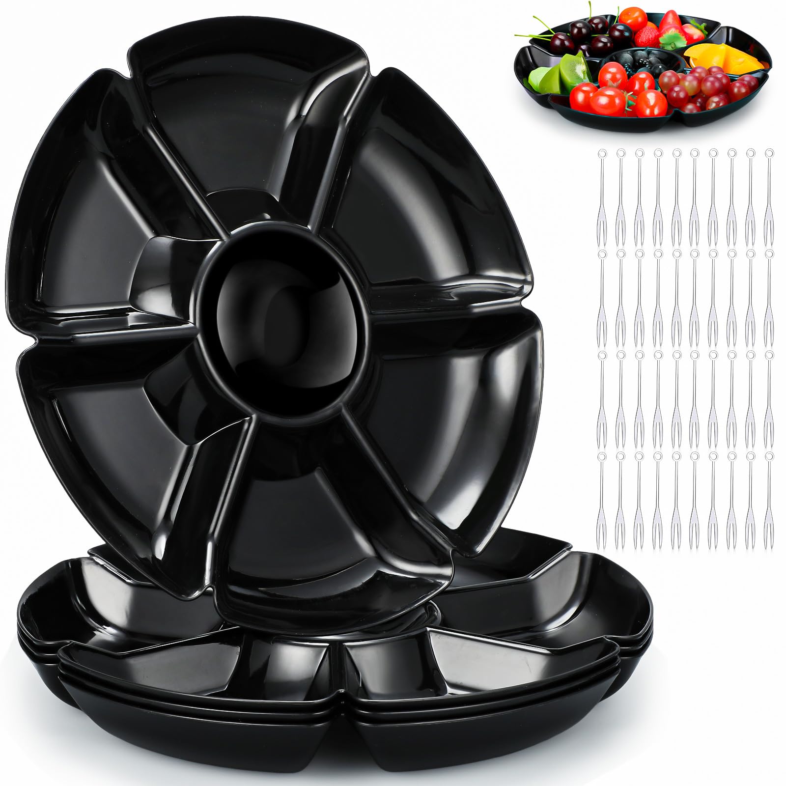 Zhehao 4 Pcs Sectional Round Plastic Serving Tray Platters Party Divided Tray with Disposable Fork, 10.6 Inch 7 Section Snack Platter Food Tray Nut Candy Veggie Fruit Dish Platter (Black)