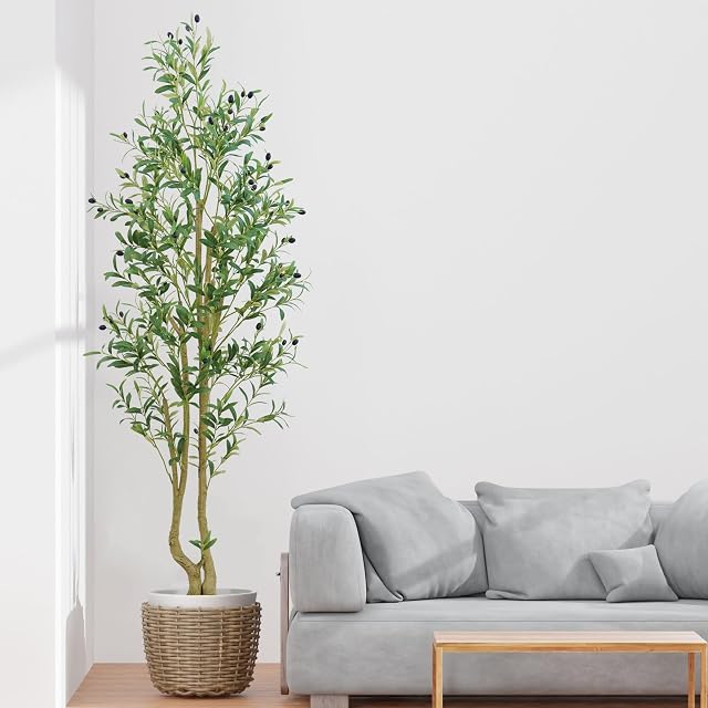 HZXGCP Artificial Olive Tree 6ft with Adjustable Branches and White Pot, a Realistic Indoor Faux Plant Ideal for Home and Office Decor - Effortless Assembly (Olive Tree 6FT)