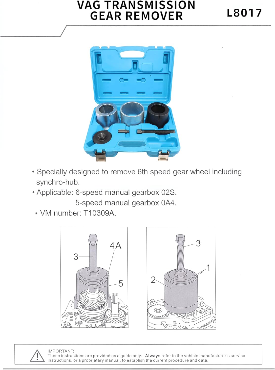 DPTOOL Transmission Gear Removal Tool Kit Compatible with VW Audi Seat 5 & 6 Speed Manual Gearbox 0A4 02S T10309/1 T10309/2 T10309/3 T10309/4A T10309/5