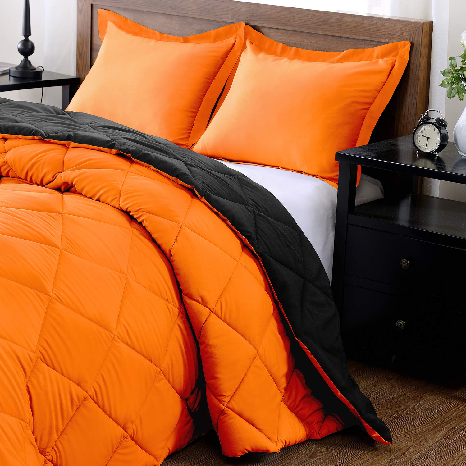 downluxe Lightweight Solid Comforter Set (Queen) with 2 Pillow Shams - 3-Piece Set - Orange and Black - Down Alternative Reversible Comforter