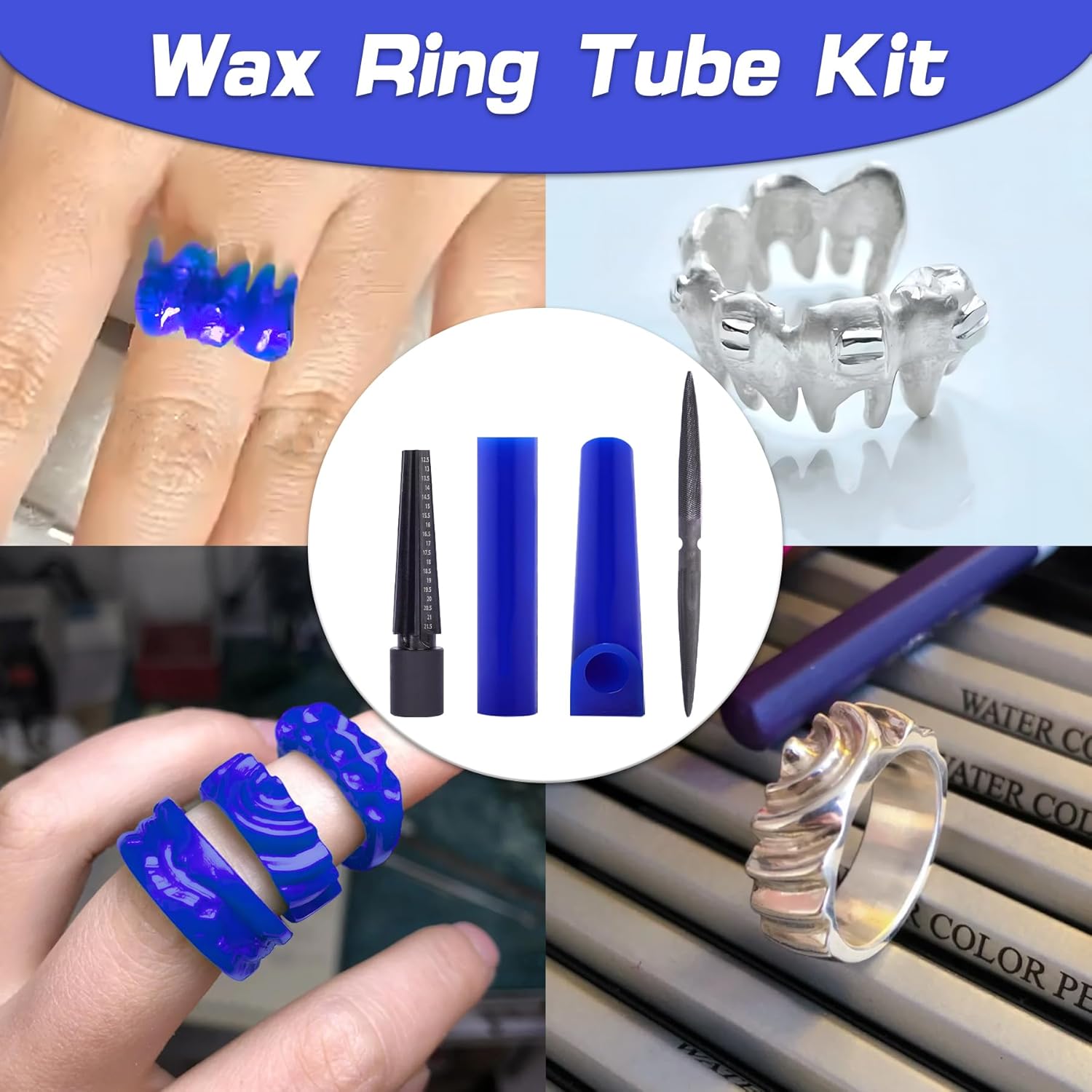 Jewelry Wax Carving Tools Set with Ring Tubes, Hole Expander and Carbon Steel File for Ring Casting and Design Lost-Wax Casting (Blue)