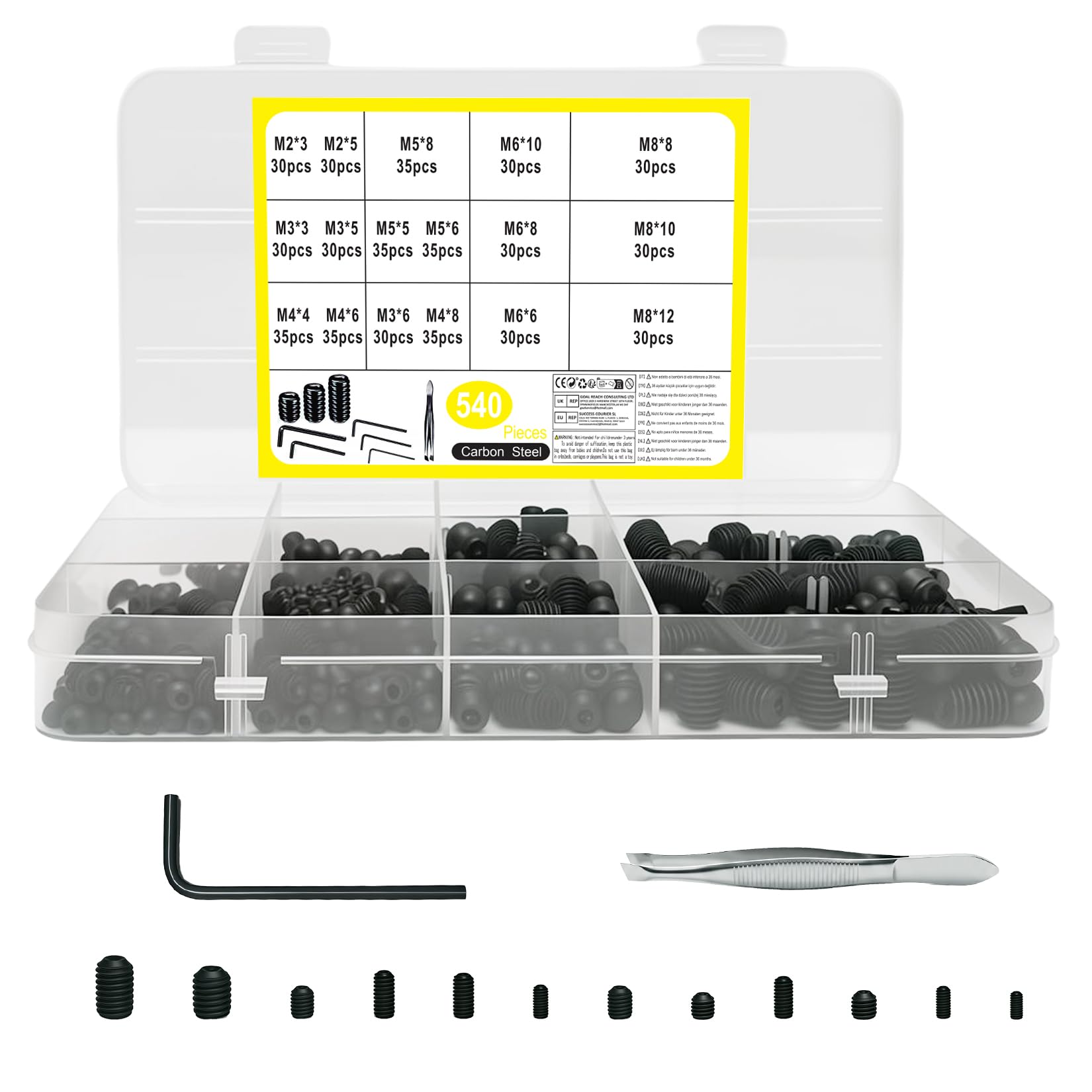 540 Pcs Grub Screws Assorted, Hex Head Grub Screws for Door Handles, Allen Key Screwss, Set Screw for Taps, Bathroom Fixtures, Home Repairs (M2 M3 M4 M5 M6 M8, Black)