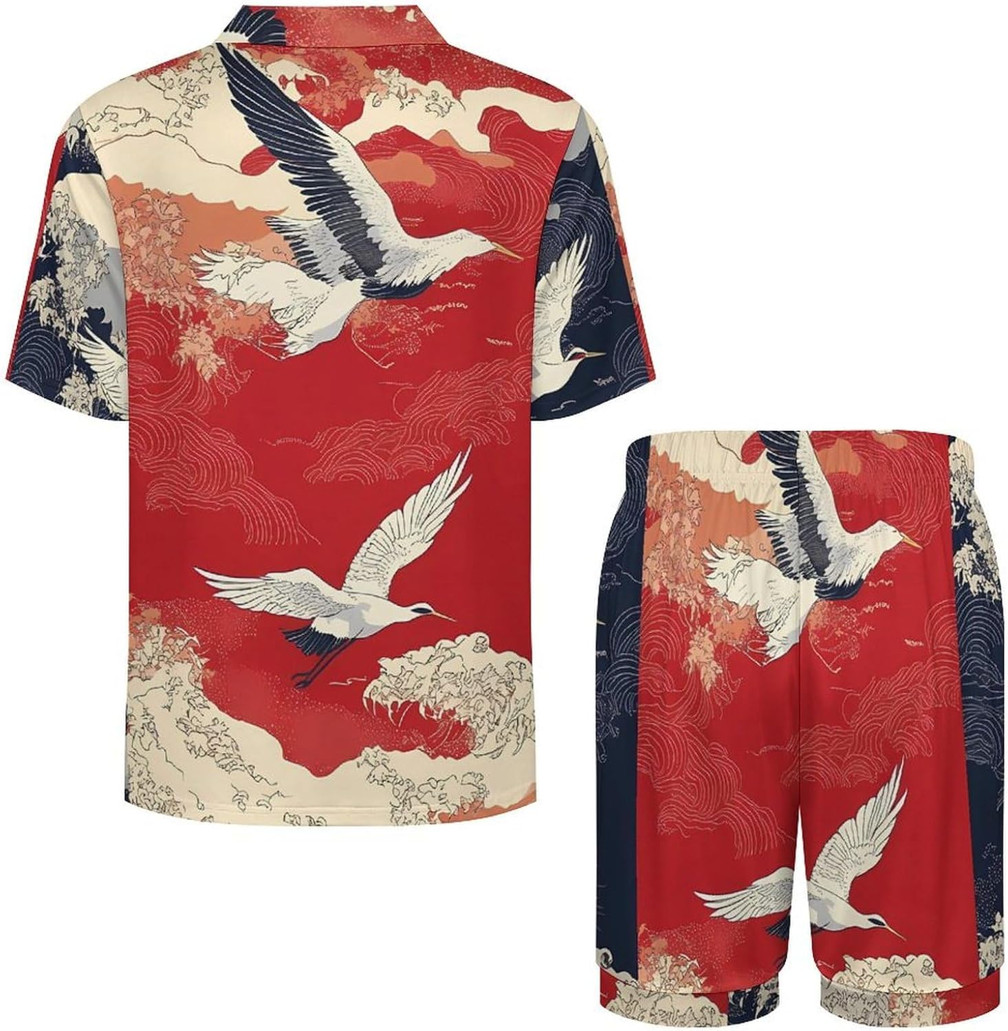 Japanese Crane Bird Wave Men's Short Sleeve Pajama Set Satin Silk Like Lounge Sleepwear