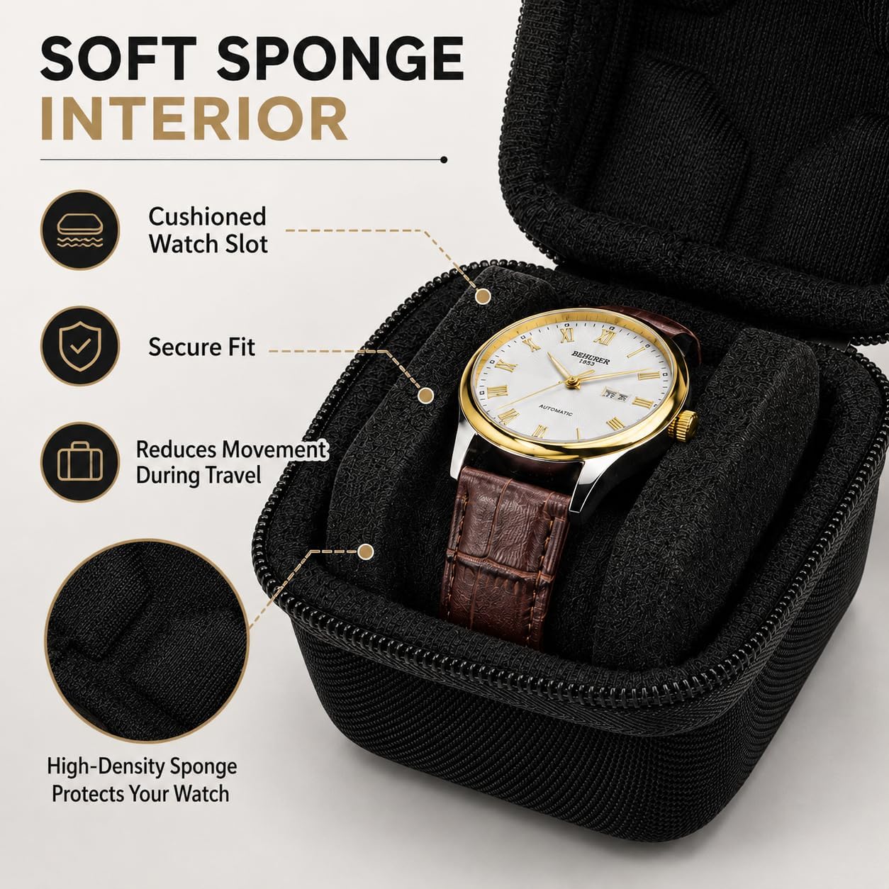 Single Watch Travel Case, EVA Hard Shell Watch Storage Box with Soft Foam Insert, Portable Zipper Watch Organizer for Mechanical and Smart Watches, Black