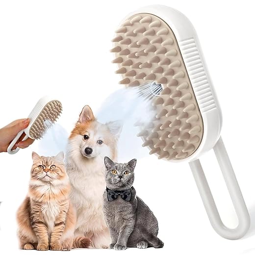 Escova Pet Vaporizada 3 em 1 – Elétrica e Recarregável, Remove Pelos Soltos e Emaranhados, Massageadora para Gatos e Cães, Com Alça Dobrável e Vapor Hidratante