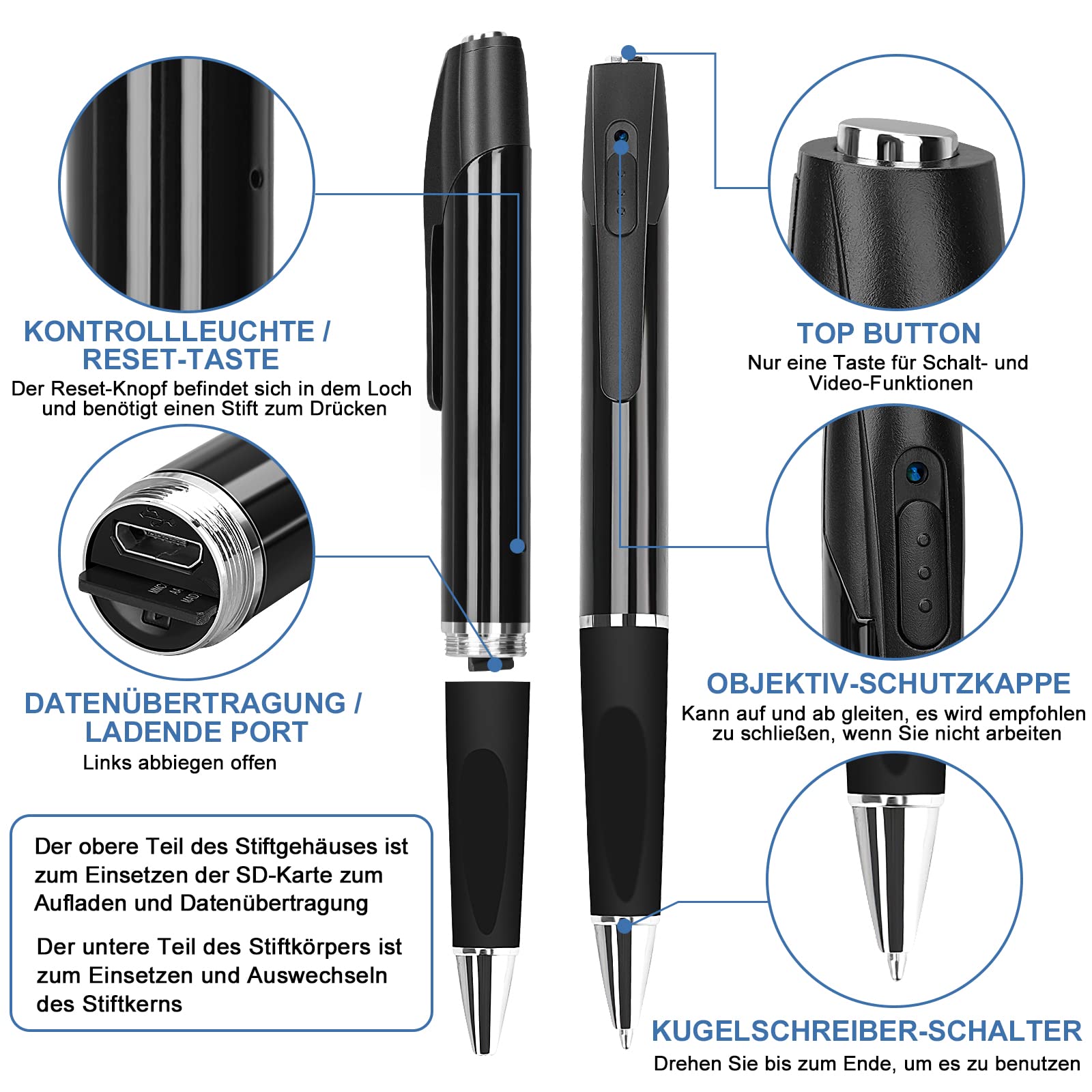 Mini Kamera 1080P überwachung Kamera Tragbare kleine Überwachungskamera 32GB Stiftkamera Kamera für Home Office Geschäftstreffen mit 5 Tinte Fills