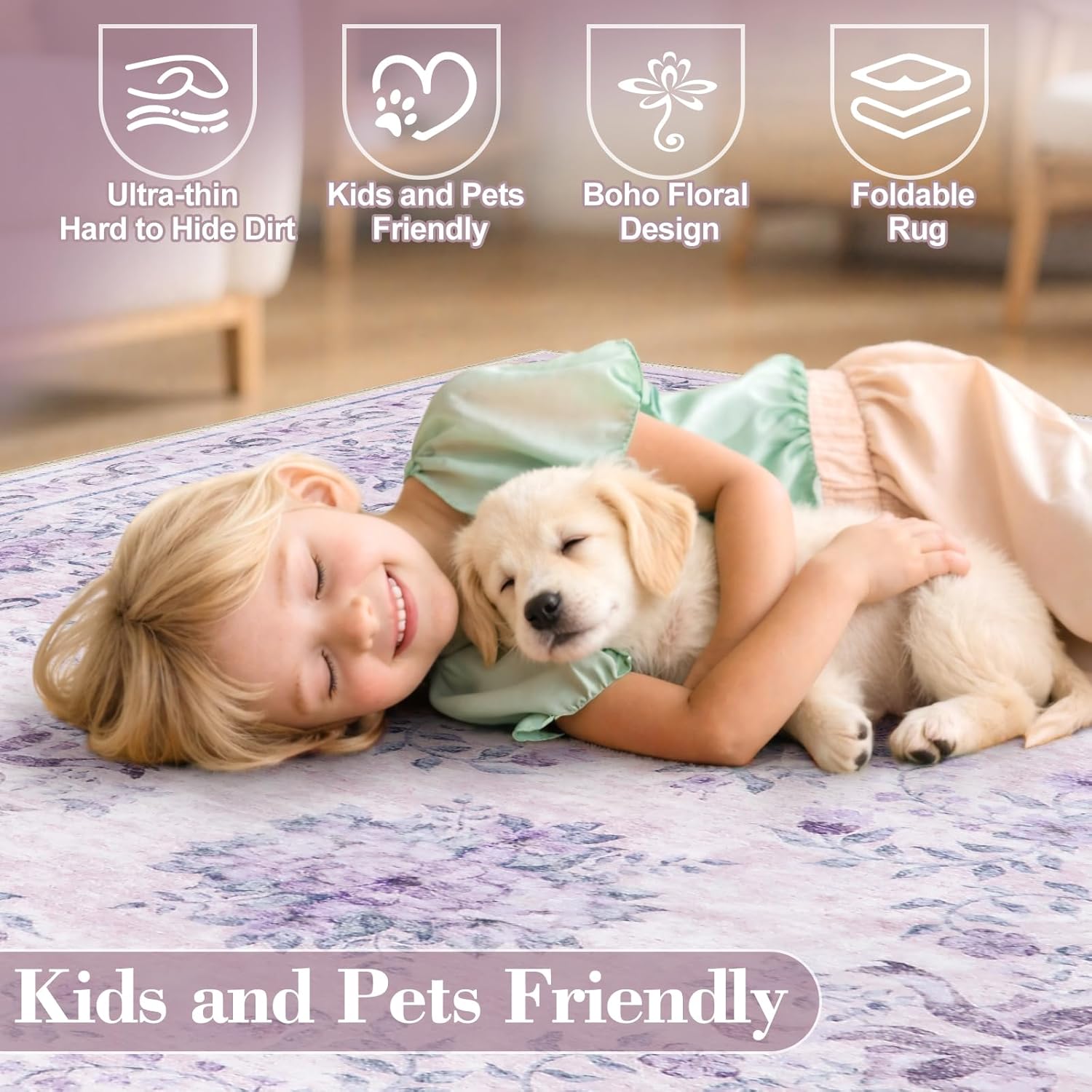 Wonnitar Floral Bow Print Purple Rug, 5x7 Washable Rug for Girls Room Decor, Ultra-Thin Non Slip Soft Boho Carpet for Bedroom Nursery Toddler Kids Room Living Room Women Office