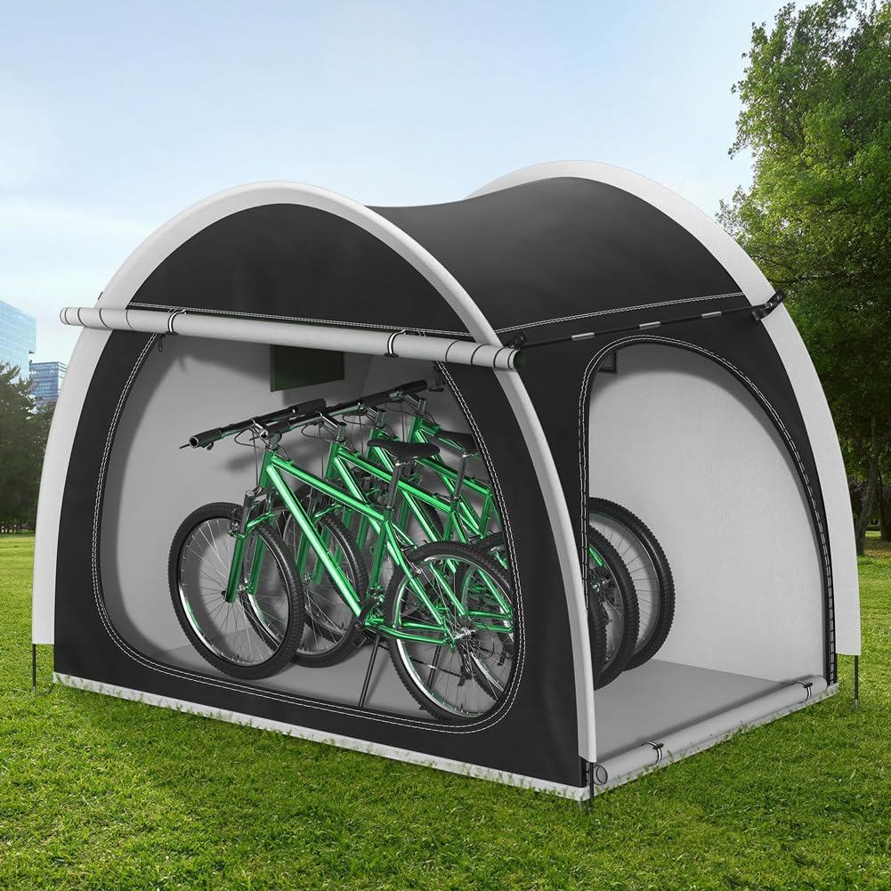 Wasserdichte Fahrrad-Aufbewahrung für 3–4 Fahrräder/Motorräder, tragbares Outdoor-Zelt mit Belüftungsfenster & Doppeltür, geräumig für Jagd- und Schießsportzubehör, stabile – Schwarz 210 x 150 x 165CM