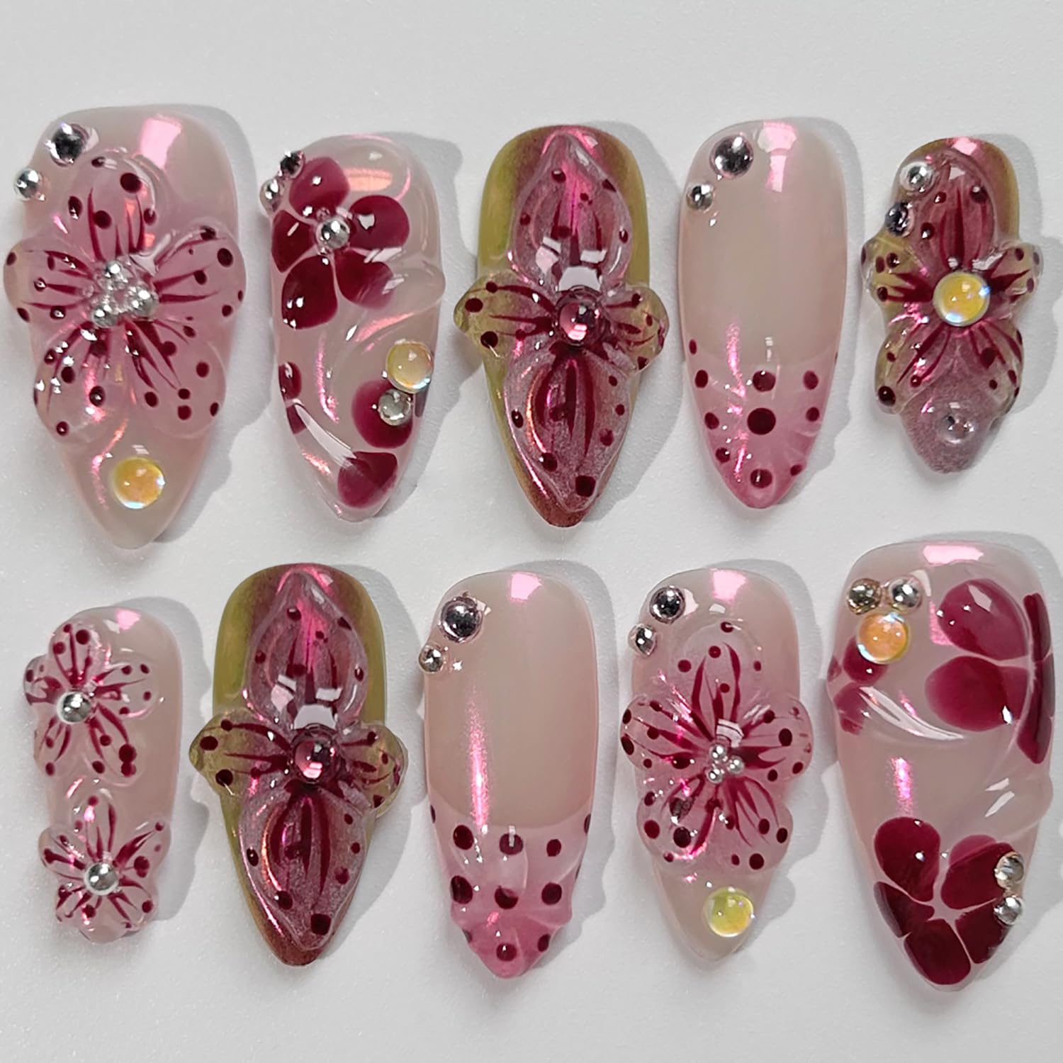 Flower Press on Nails - 3D Floral Medium Almond Fake Nails
