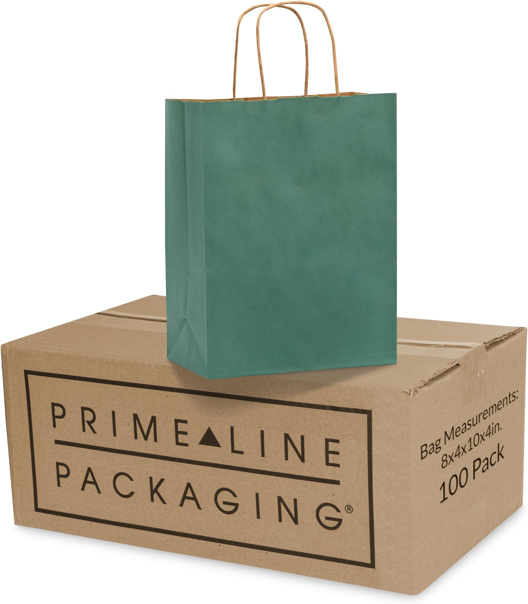 Prime Line Packaging Green Gift Bags with Handles, Small Kraft Paper Bags for Business, Birthdays, Wedding Favor, Holidays, Shopping, Bulk, 8x4x10, 100 Pack