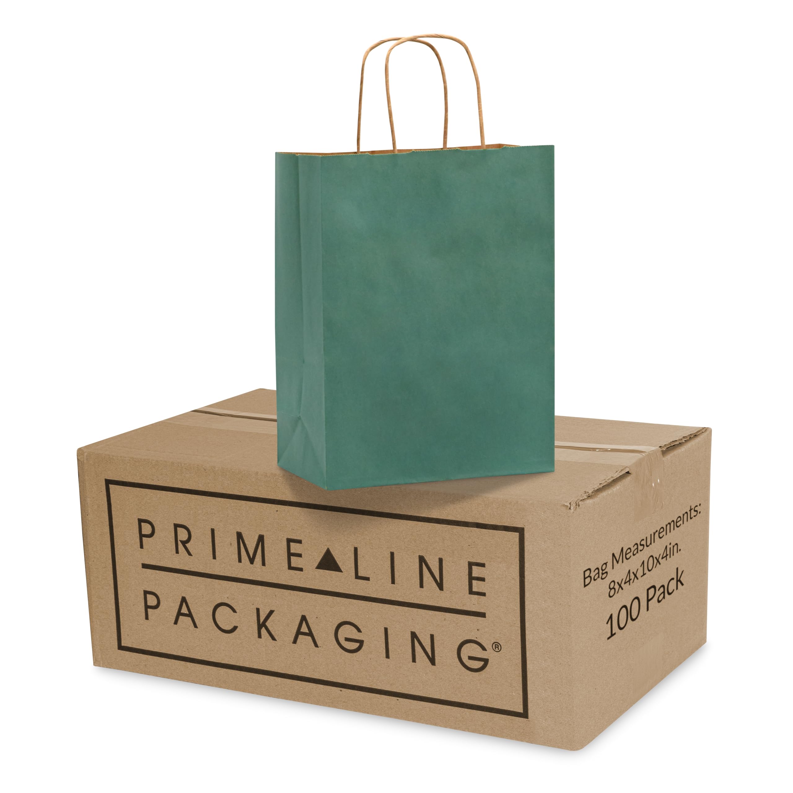 Prime Line Packaging Green Gift Bags with Handles, Small Kraft Paper Bags for Business, Birthdays, Wedding Favor, Holidays, Shopping, Bulk, 8x4x10, 100 Pack