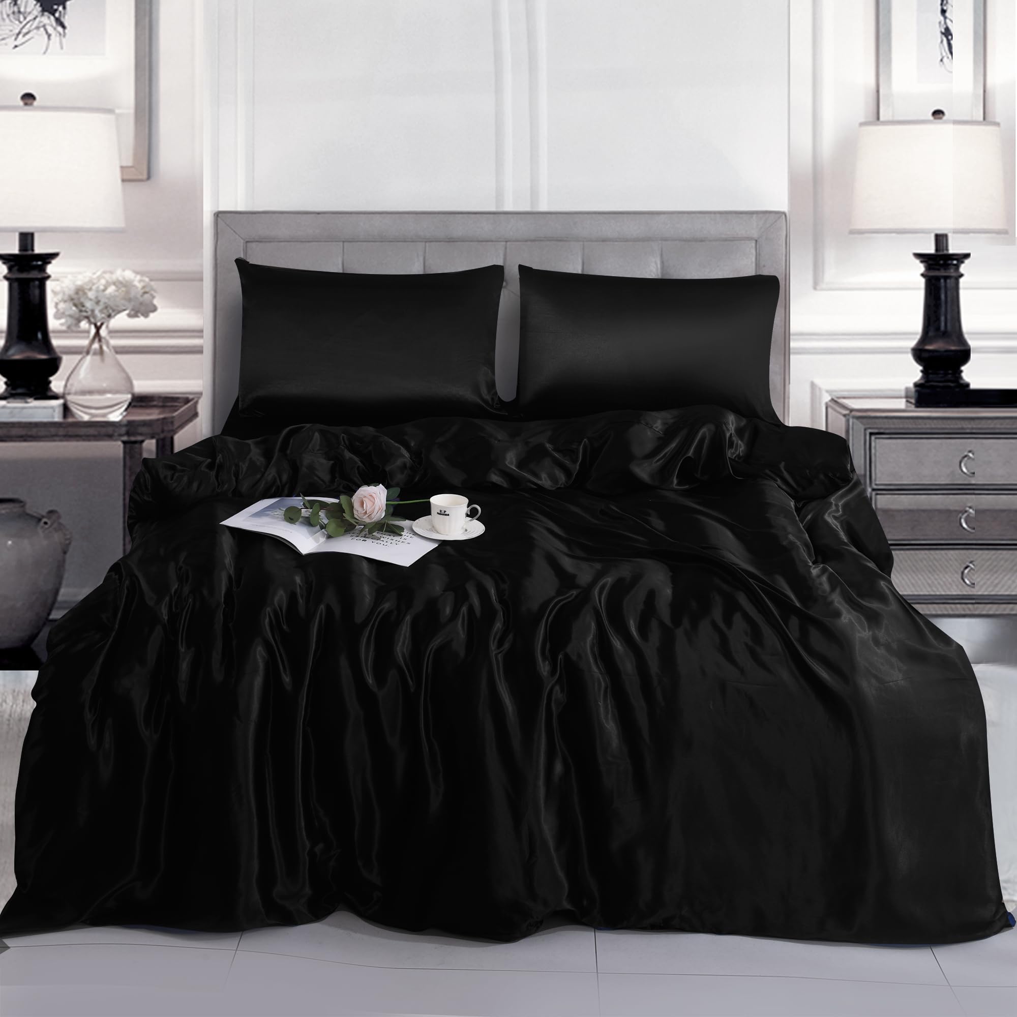 BOSKI LONDON Luxury Satin Silk Duvet Cover Set | 3 Piece Bedding Set with Pillowcases | Soft Breathable Quilt Cover with Zip | Single Double King Sizes (BLACK, KING)
