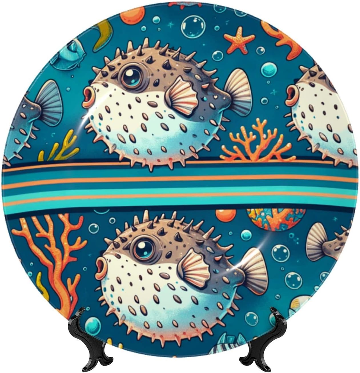 Puffer-Fish-Cartoon 10 Inch Decorative Plate With Stand, Elegant Display Wall Plate For Home Decor