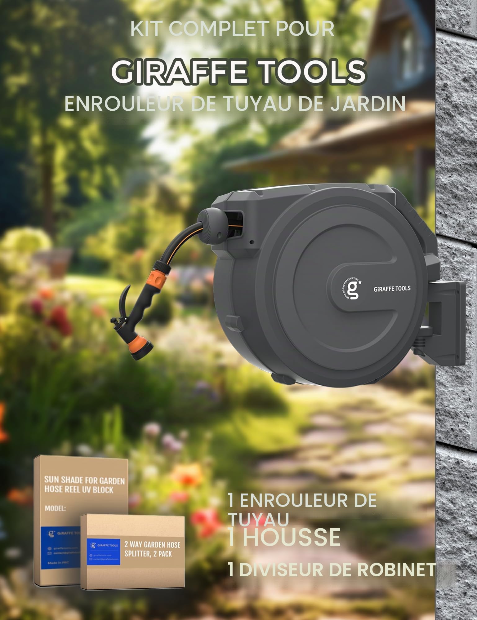 Giraffe Tools Enrouleur de tuyau d'arrosage avec répartiteur de robinet et couvercle, tuyau rétractable de 30 m