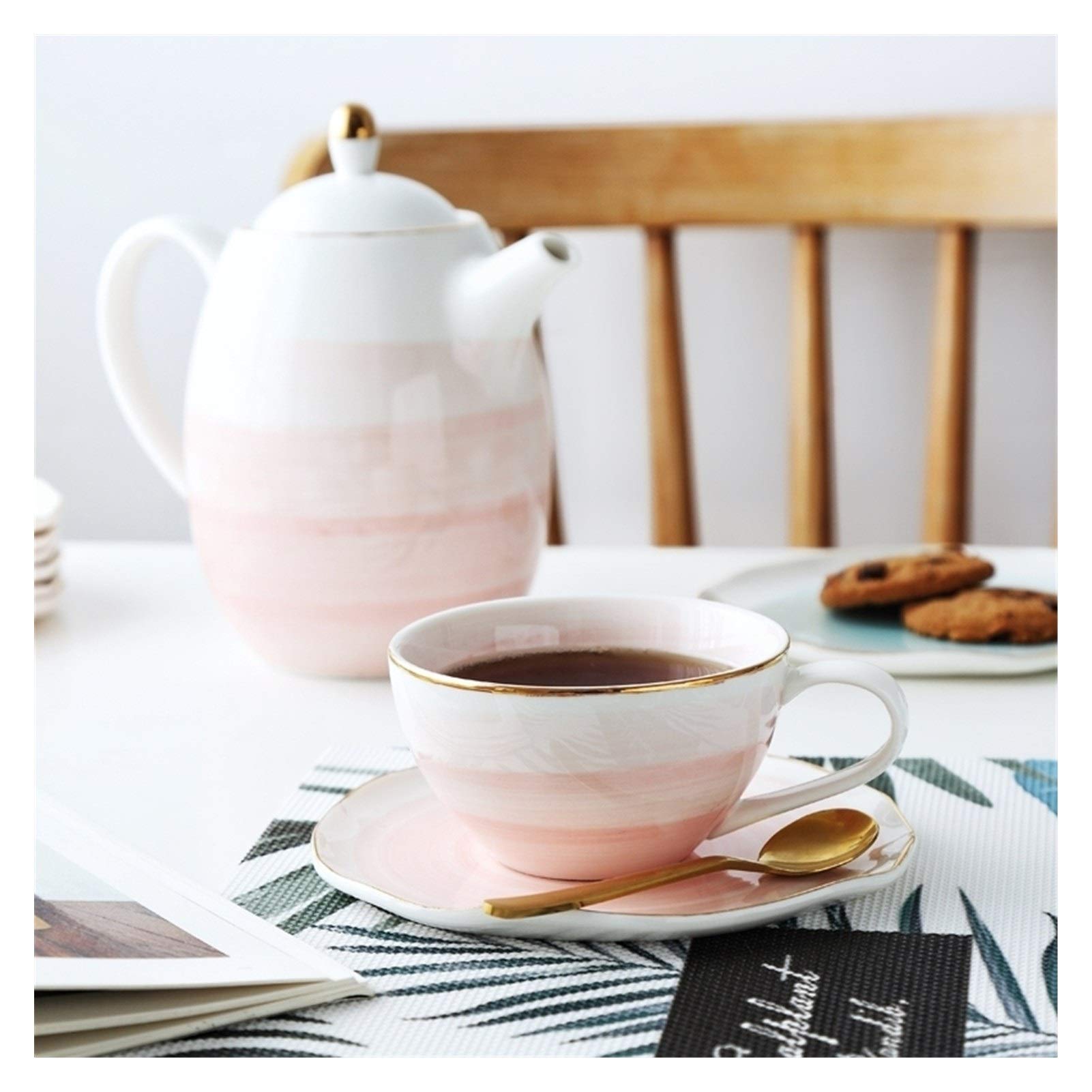Tazas de café grandes de cerámica, Juego de taza y platillo té cerámica multicolor con cuchara bañada en oro, paquete 2(Roze)