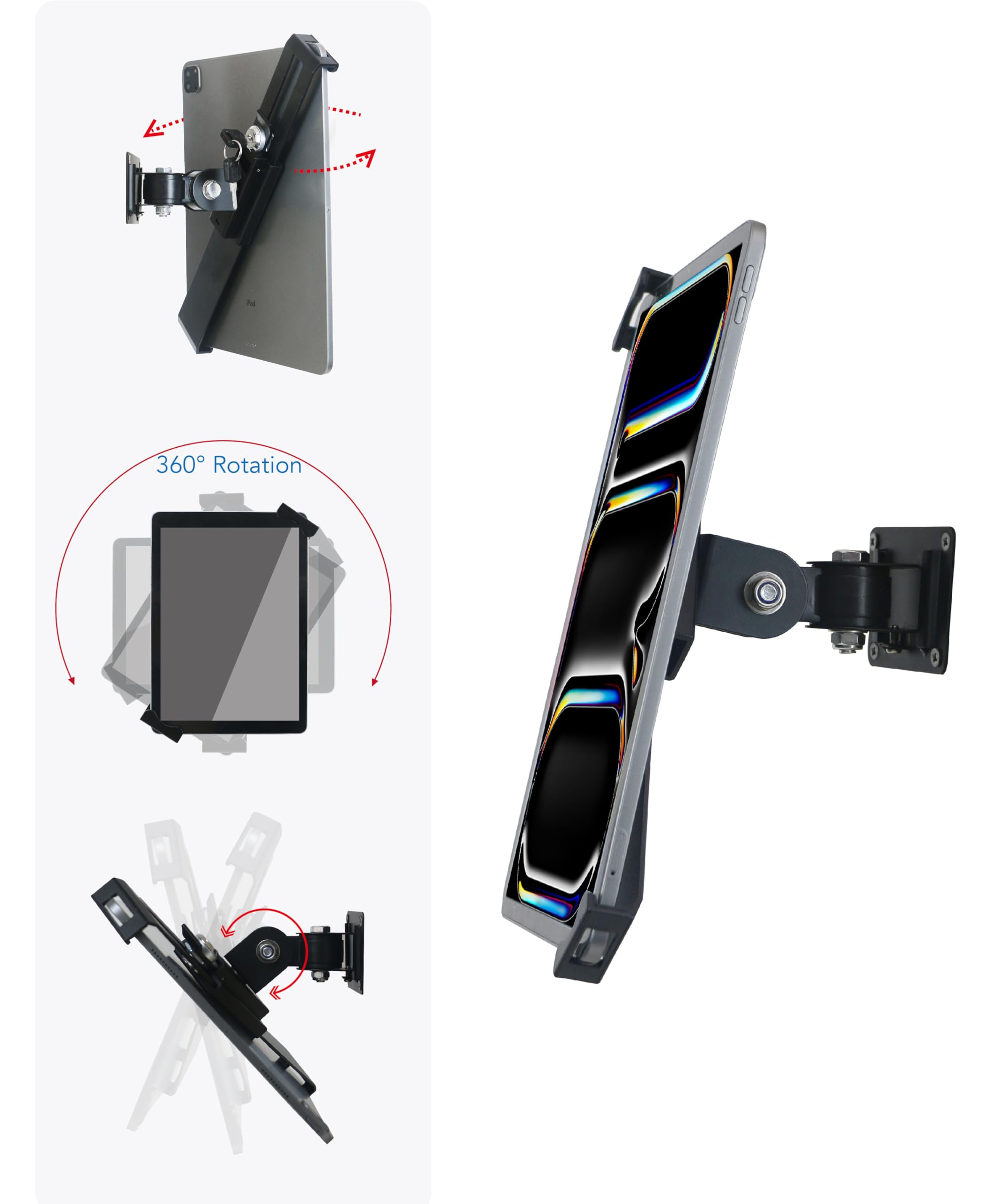 Soporte de pared para tablet con cerradura y llave, ajuste arbitrario giratorio, multiángulo, soporte para la mayoría de iPad de 11 a 13 pulgadas, y para iPad de 10.2, 10.5, 11, 11 y 12.9