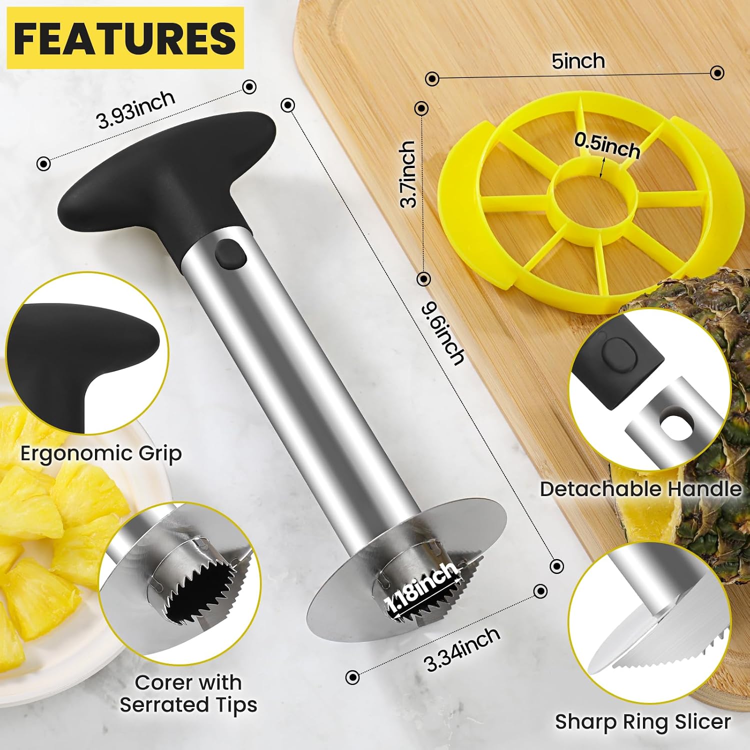 CUNSENR Pineapple Corer and Slicer Tool with Sharp Serrated Tips, Black