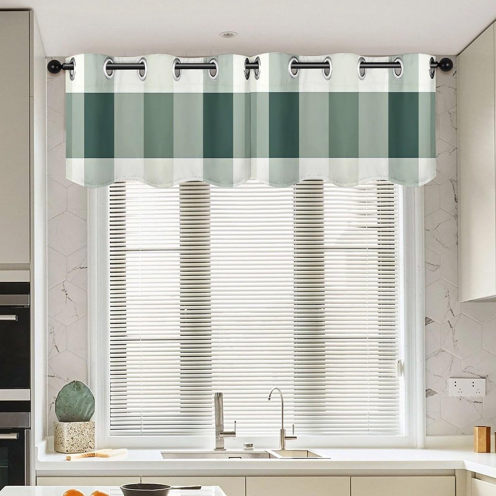 Cortinas con cenefa de cuadros verdes: pack de 2 unidades tradicionales para cocina de 52x18