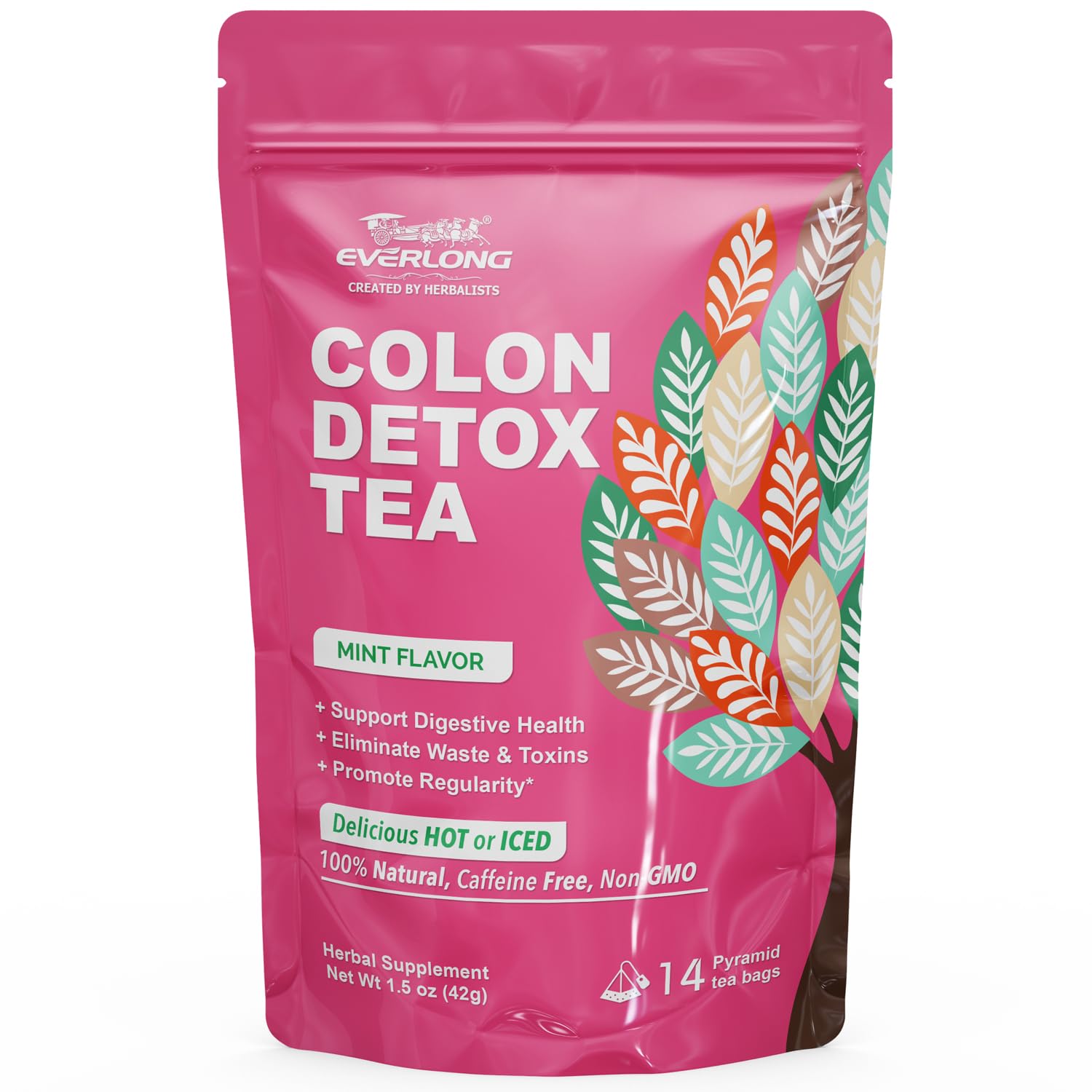 EVERLONG Colon Detox Tea – Dandelion Leaf with Senna, Gynostemma, Lotus Leaf, Spearmint for Colon Cleanse and Digestive Health, Promote Regularity – 14 Herbal Tea Bags, All Natural, Caffeine-Free