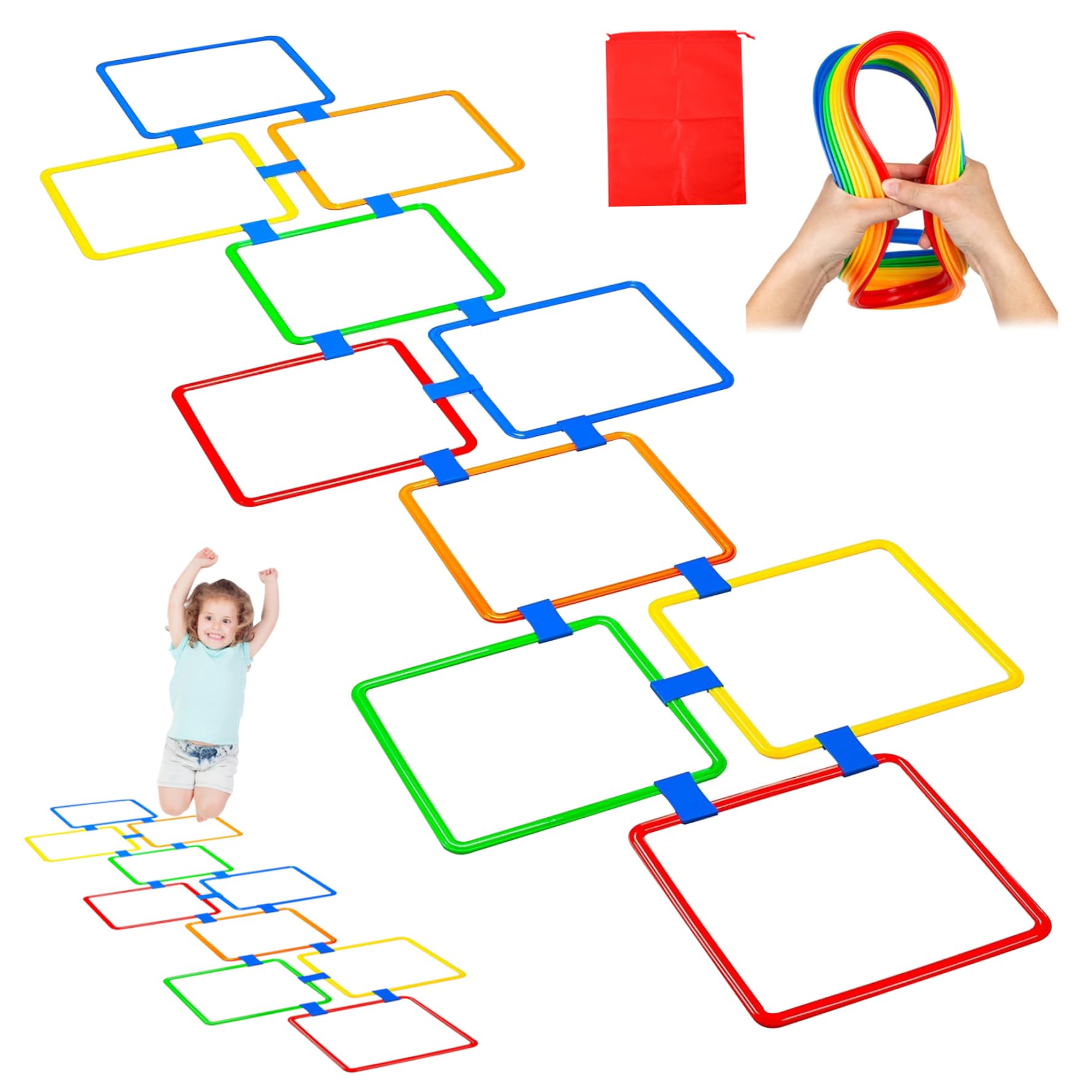 Jorzer Juego de Rayuela, 10 Piezas de Aros Cuadrados de rayuela de 15 Pulgadas, Aros de Agilidad Multicolores, Pista de obstáculos, Juego Divertido para niños, Equipo de al Aire Libre