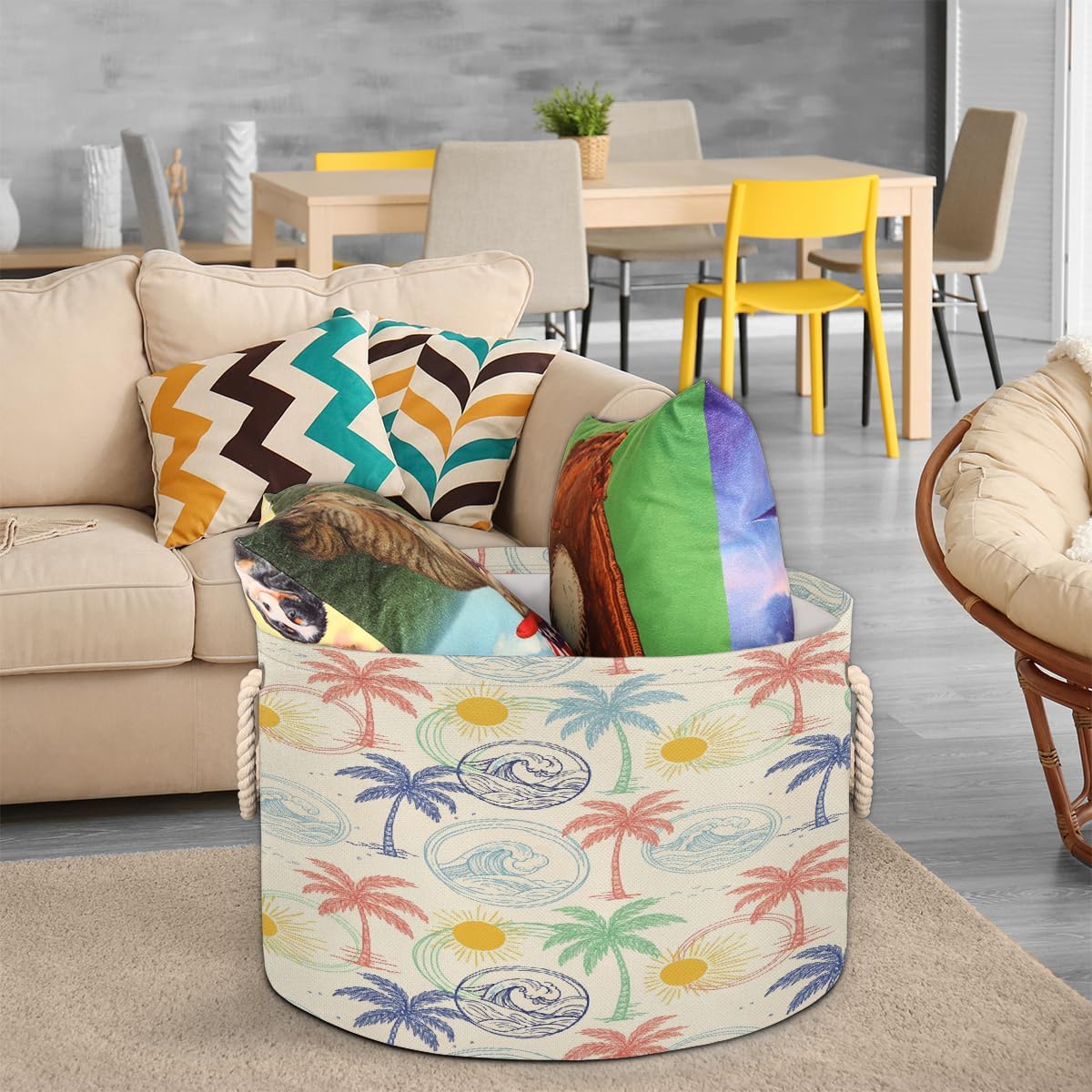 Large Storage Baskets, Retro Palm Tree Nursery Round Collapsible Organizer Bin Box, Laundry Hamper for Kids Toys, Blanket, Bedroom Living Room Home Decor, Gift Basket, 19.4"x13.3"