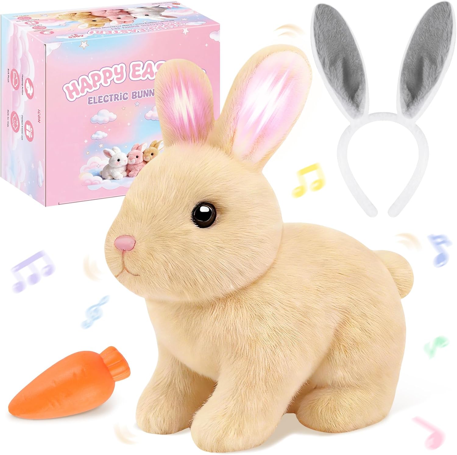 Realistic Bunny for Kids - Interactive Hopping Bunny Toy Set with Bunny Ears, Electric Lifelike Robot Rabbit that Move, Walking Barking and Wagging Tail Bunby Stuffed Animal with Sounds,White
