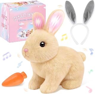 Realistic Bunny for Kids - Interactive Hopping Bunny Toy Set with Headband, Electric Lifelike Robot Rabbit that Move, Walking Barking and Wagging Tail Bunby Stuffed Animal with Sounds,Brown