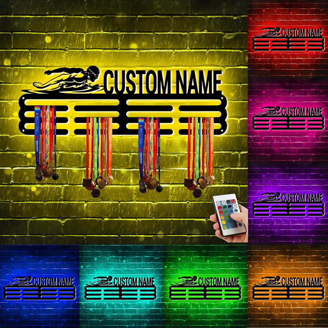 Nome personalizzato metallo Nuoto Medaglia Hanger Holder Display Rack per premi nastri con luce LED, supporto medaglia sport personalizzato per parete, medaglia Hanger Display Award Rack