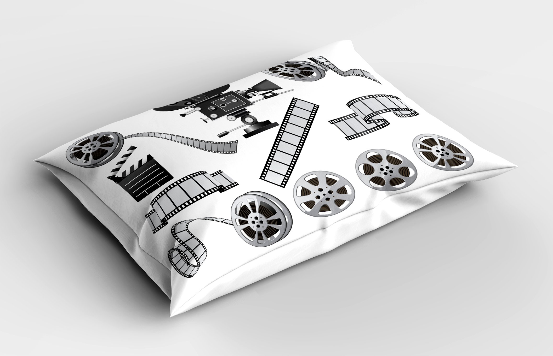 Ambesonne Movie Theater Pillow Sham, Movie Industry Themed Greyscale Illustration of Projector Film Slate and Reel, Decorative Standard Size Printed Pillowcase, 26