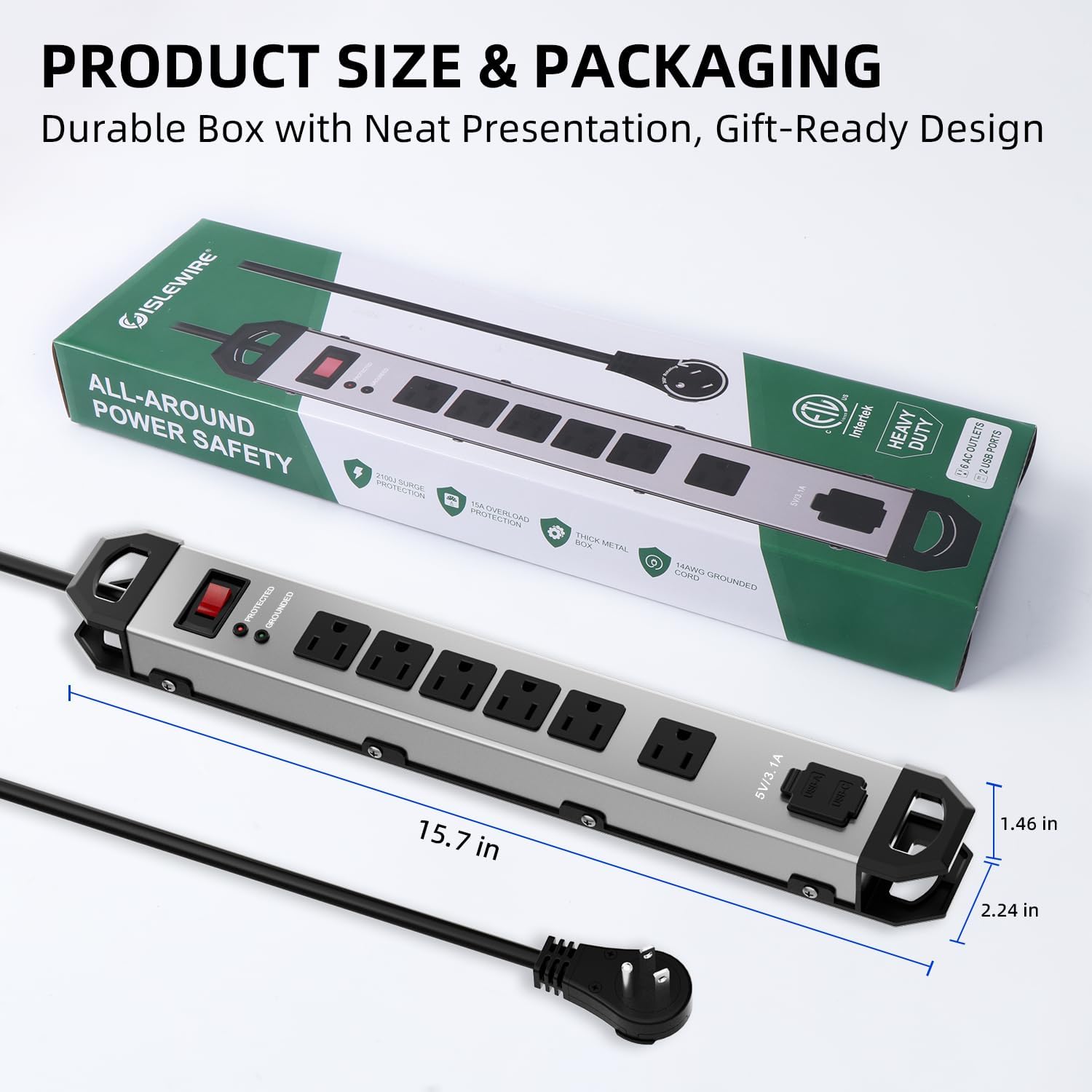 Heavy Duty Metal Power Strip Surge Protector 2100J, 6 Outlets & 2 USB, 15A Circuit Breaker, 6ft Power Cord, 360° Rotating Flat Plug, Wall Mountable for Garage Workshop Industrial, ETL Listed, Silver
