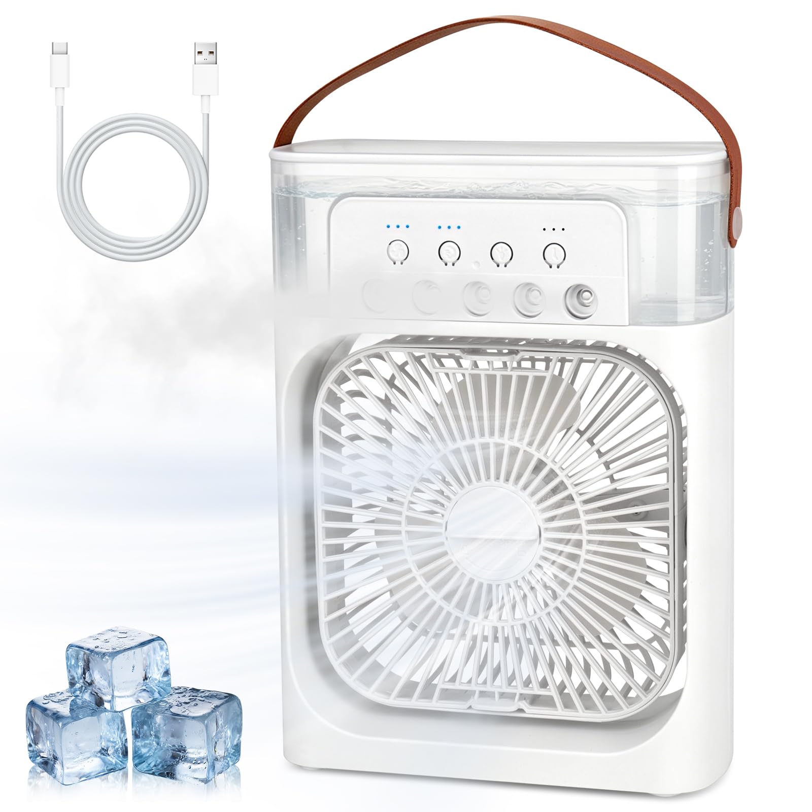 Przenośny klimatyzator 600 ml, przenośny mini klimatyzator, 7 diod LED, mały, 3 prędkości i 3 tryby mgły, przenośny klimatyzator z timerem 1/2/3 h, dla rodziny, w podróży, do biura, na kemping