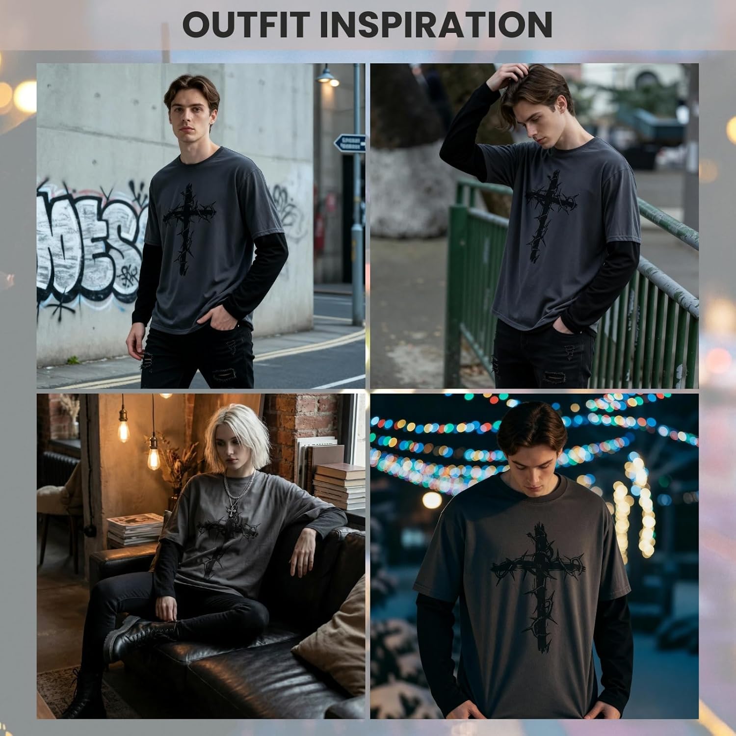 Men Women Gothic Long Sleeve Top Graphic Tee – Emo Y2K Grunge Streetwear Shirt Thorn Cross Print Punk Sweatshirt - Image 2