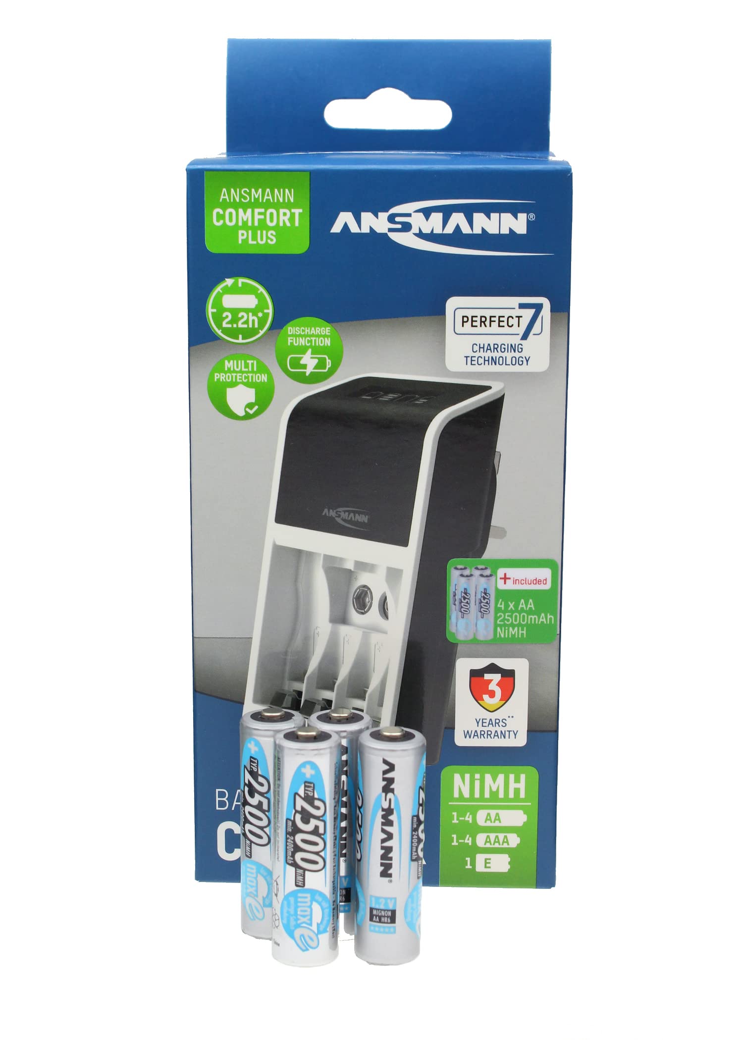 Ansmann Comfort Plus AA, AAA & 9V Battery Charger For NiMH NiCd Rechargeable Batteries with UK 3-Pin Plug & 4 x AA 2500mAh Batteries - 3 Yr Warranty, White, (1001-0094-44-02)