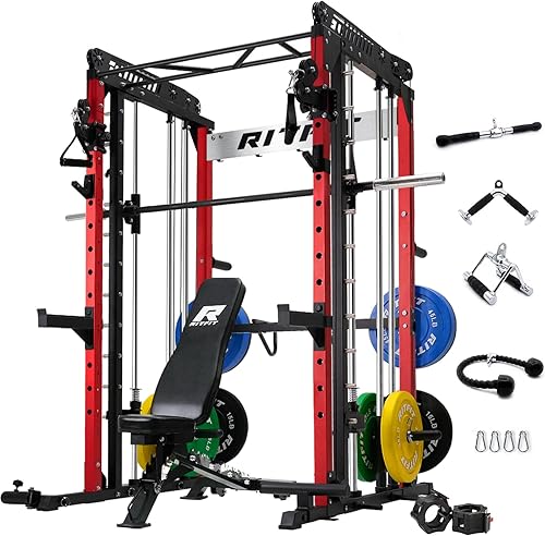 Miniatura 29 de RitFit Máquina M1 Pro Smith con sistema de cruce de cables, jaula multifunción para sentadillas para gimnasio en casa, rack de energía y paquetes