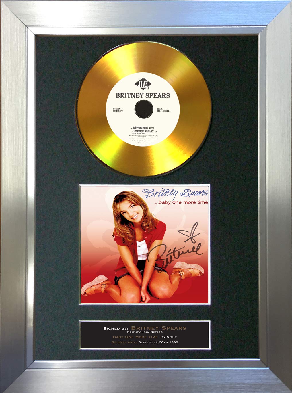 The Autograph Collector Gold,Silver,Black #139 Gold Disc Britney Spears Baby One More Time Signed Autograph Mounted Reproduction A4 Print (Silver Frame)