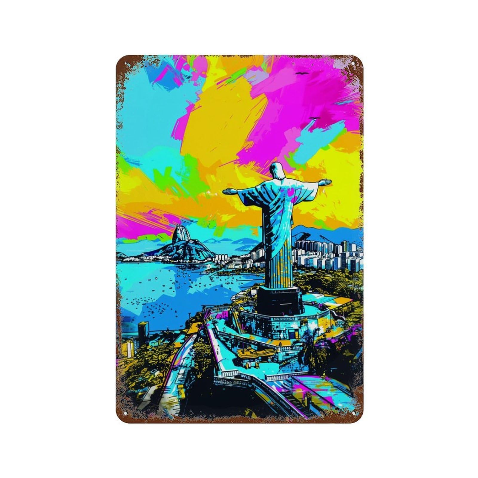 Rio De Janeiro Cityscape Vintage Metal Tin Sign 11.8"x7.9", Rustic Home Decor for Garage, Bar And Workshop Decor