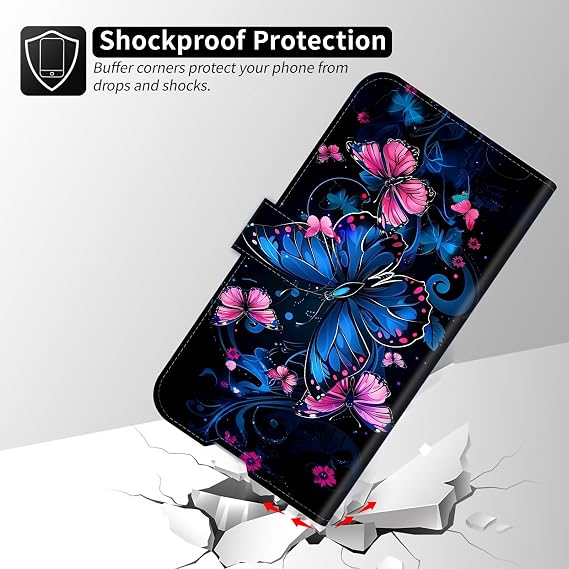 Wallet Case for Motorola Moto G 5G 2025, Durable PU Leather Flip Cover with Card Slots, Kickstand, Wrist Strap, Shockproof Protective Phone Case for Moto G 5G 2025 6.7, Blue and Pink Butterfly
