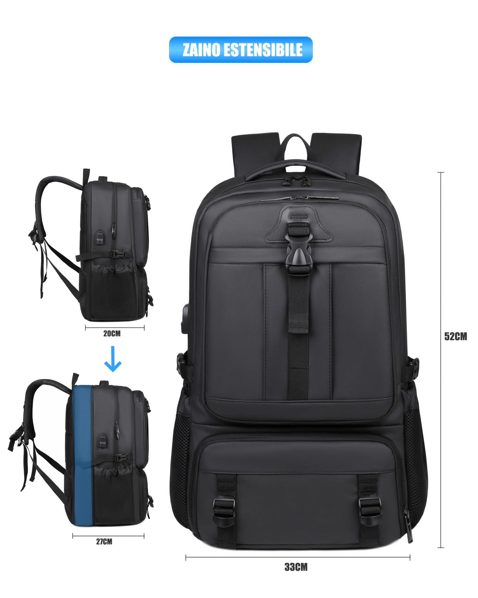 Kommodum - Zaino per Viaggio da Uomo Porta PC Estendibile Bagaglio Valigia Borsa Computer fino ai 17 pollici in Membrana PU Tasca impermeabile per Lavoro Trekking Escursione KM18