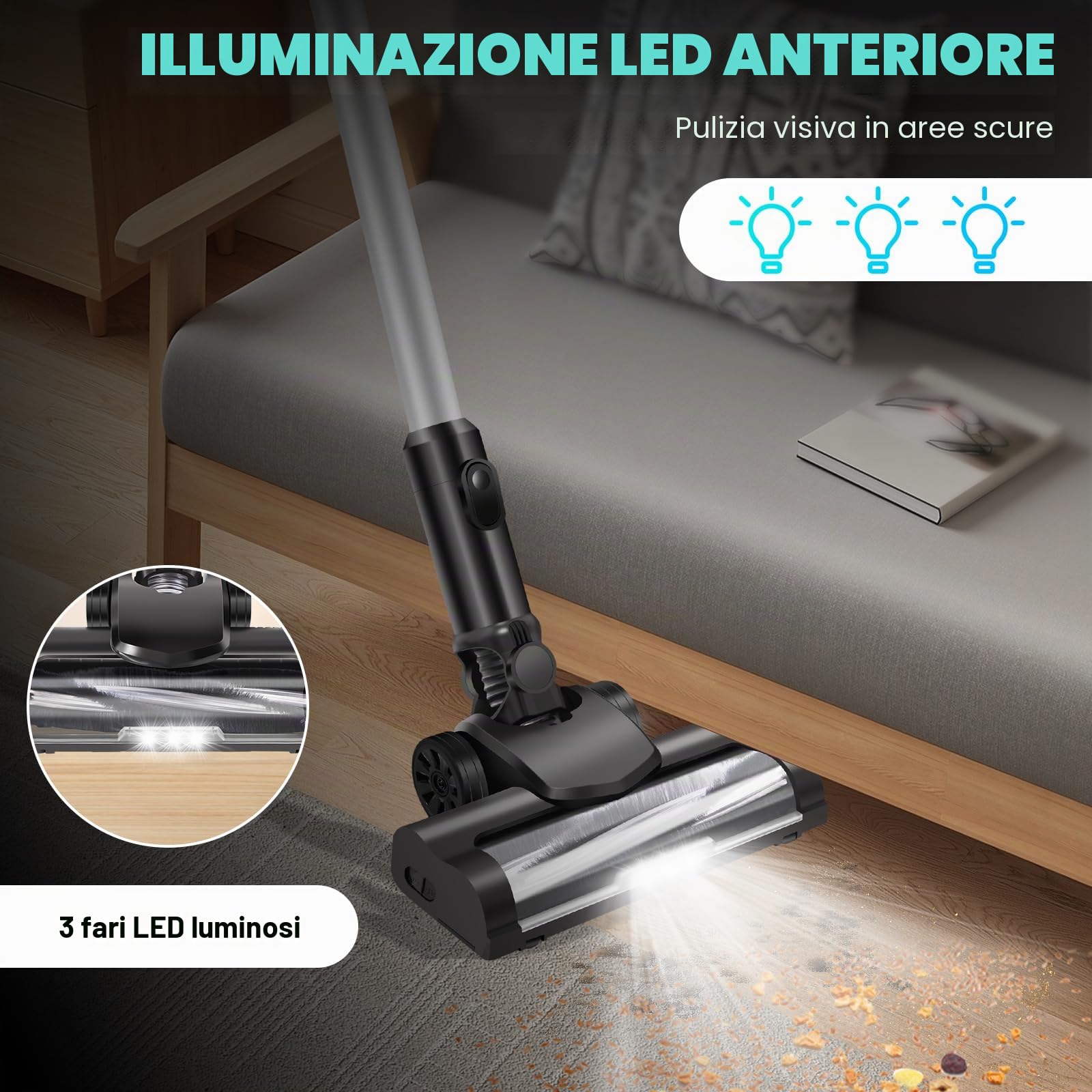 Aspirapolvere senza fili, 15000Pa, con doppia batteria e supporto da parete, potente aspirapolvere con faro a LED per peli di animali, tappeti, pavimenti duri