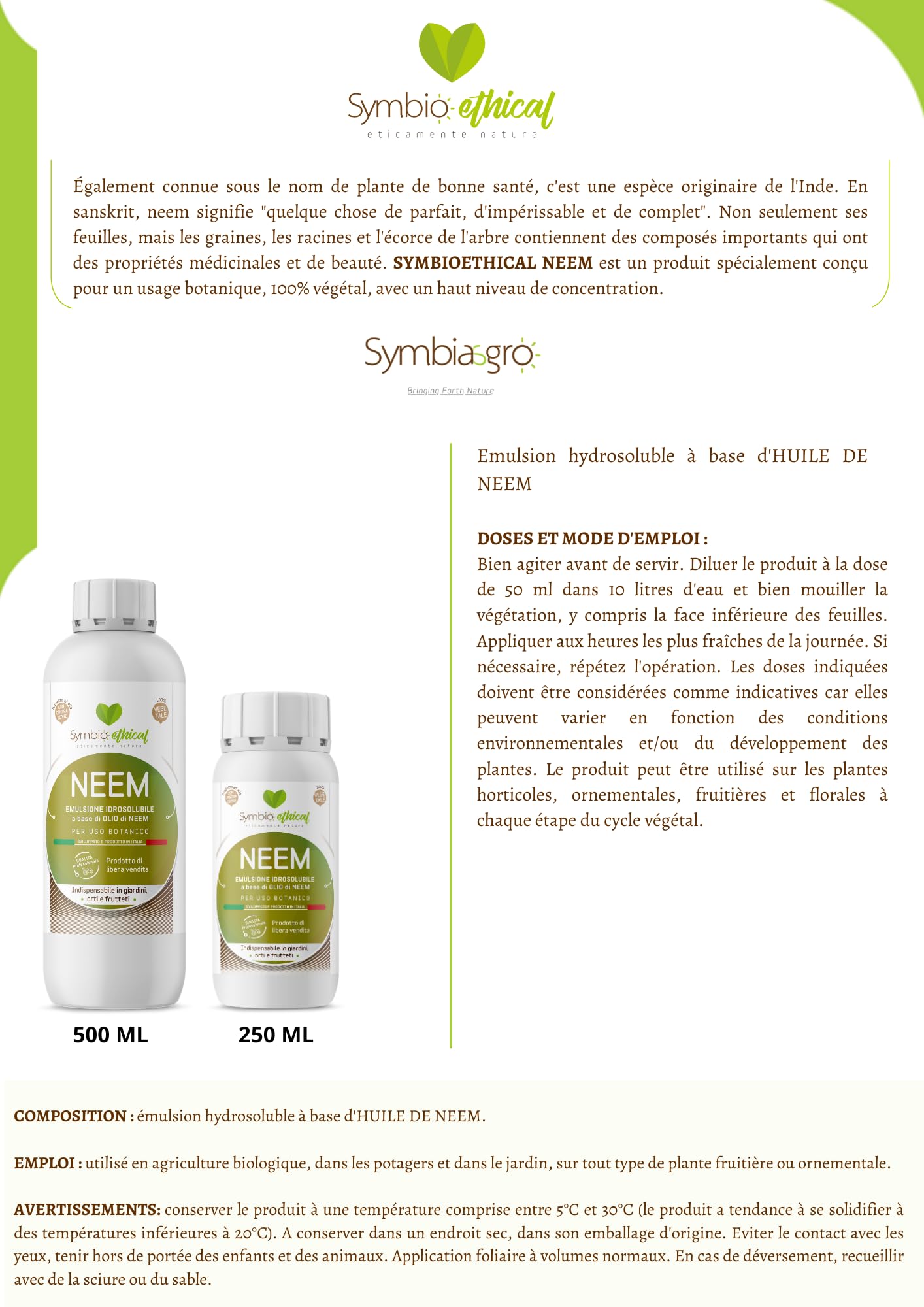 SYMBIOETHICAL - NEEM, Emulsión Hidrosoluble a Base de Aceite de Neem para Plantas, Concentrado de Uso Botánico, 100% Vegetal, Made in Italy, 250 ml