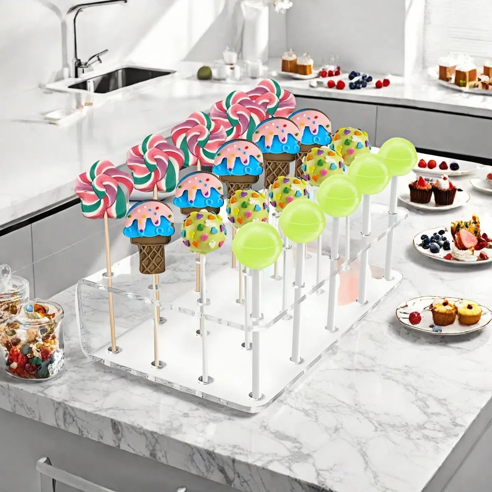 Swetfela Présentoir Gateau Pops 2 Pièces + 100 Bâtonnets – Support Acrylique Pour Cake Pops, Sucettes, Anniversaire, Halloween, Mariage