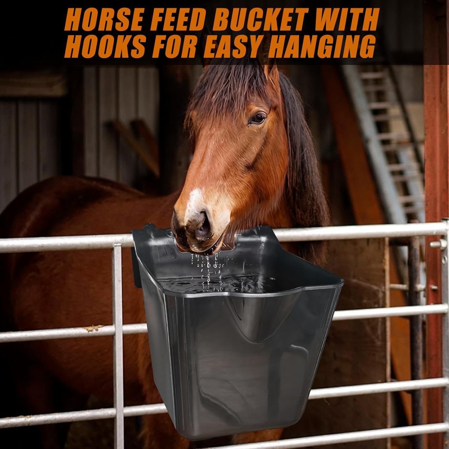 Horse Feed Bucket,15 Quart Plastic Hook Over Horse Feeder for Easy Hanging,Mountable Heavy Duty Livestock Feeders for Horses Sheep Cattle Cows (6)
