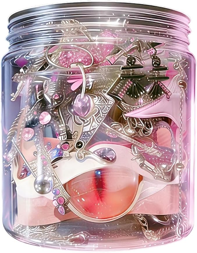 Gift-Ready Pink Punk Y2K Cyberpunk Mystery Jewelry Jar, 30 Pieces, Silver Tone with Pink Accents, Cute but Edgy,lightweight&Petite Fashion Jewelry Gift for Women, Unique Anniversary Birthday Gift for Her