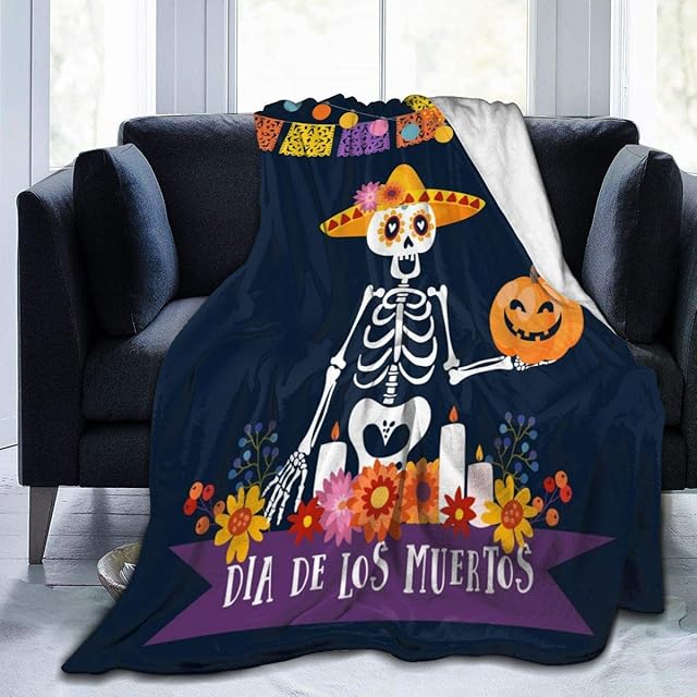 JOOCAR Flannel Throw Blanket Day of The Dead Mexican Skull Cozy and Soft Plush Warm Blankets for Bed Couch Living Room Sofa Chair