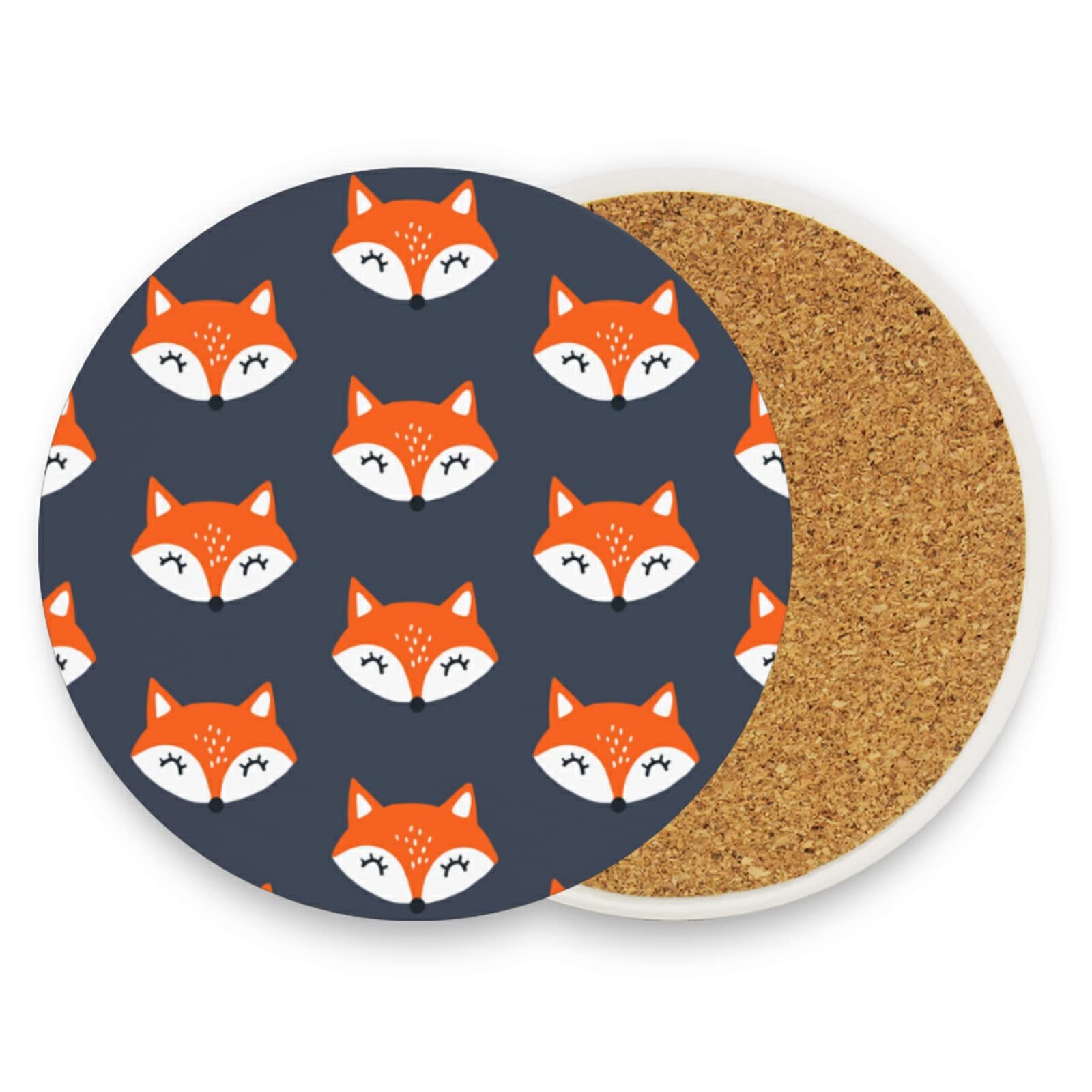 Poeticcity Blue,Orange Cute Orange Foxes On Dark Blue 2 Pcs Ceramic Mug Coaster For Drinks, Stone Coasters Holder With Cork Base, Oversize Cup Mat Pad For All Mugs, Housewarming Gift