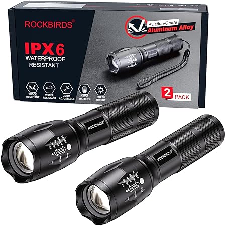 ROCKBIRDS LED Flashlight, 2 Pack High Lumen Handheld Light with 5 Modes, Zoomable Flashlight for Home Outdoor Hiking Camping (Black)