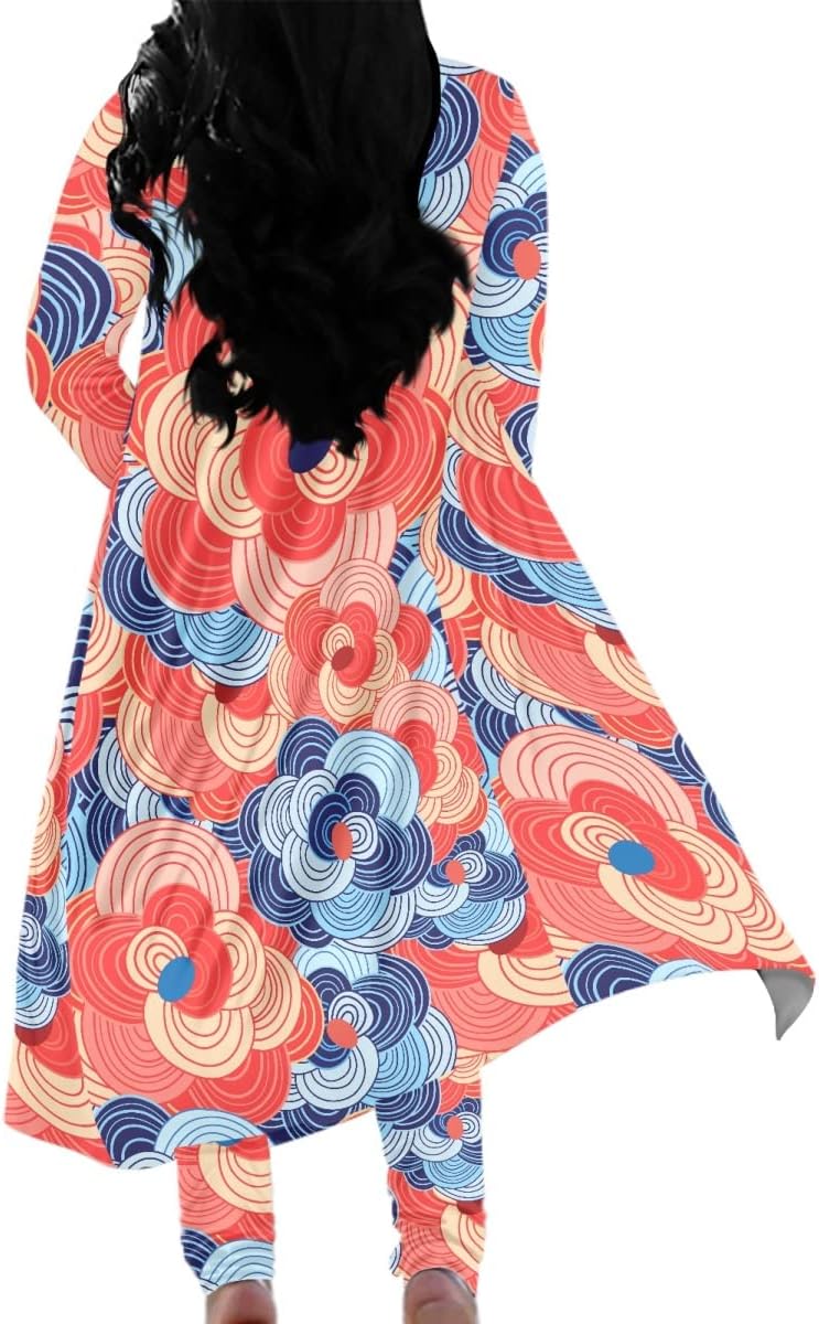 KIDVOVOU Women 2 Piece Outfits Abstract Geometric Art Print Long Sleeves Open Front Cardigan Overcoat Long Pants Sets
