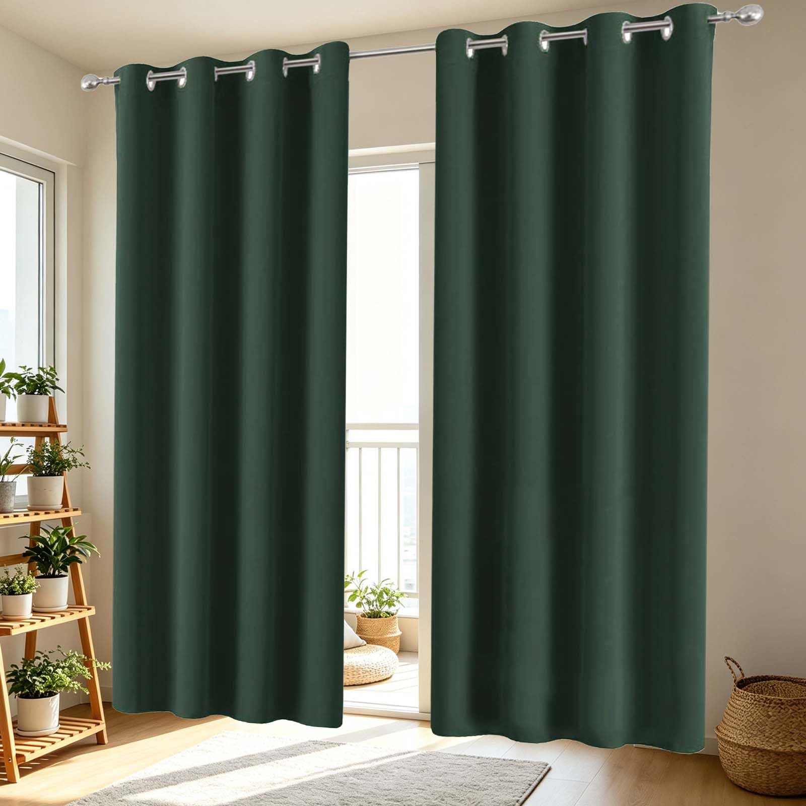 Zasłony Zaciemniające 140 x 130 cm Supermiękkie, Termoizolacyjne, Energooszczędne Osłony Okienne Z Izolacją Termiczną, Zasłony Zaciemniające Z Przelotkami Do Okna, Studia, Ciemnozielony
