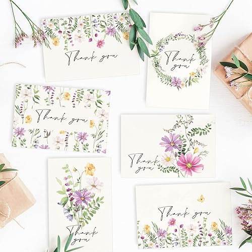 Miniatura 4 de AnyDesign Paquete de 36 tarjetas de agradecimiento florales, tarjetas de felicitación de flores silvestres en acuarela con sobres, calcomanías para