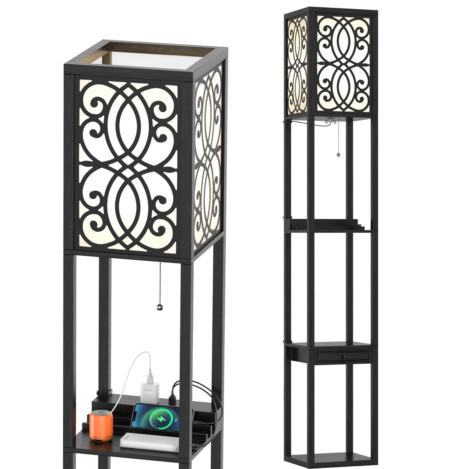 GiantexUK Floor Lamp with Shelves, 3 Layers Tall Standing Light with 2 USB Charging Ports and 1 Drawer, Modern Reading Lamp for Living Room Bedroom Office (Curved Patterns)